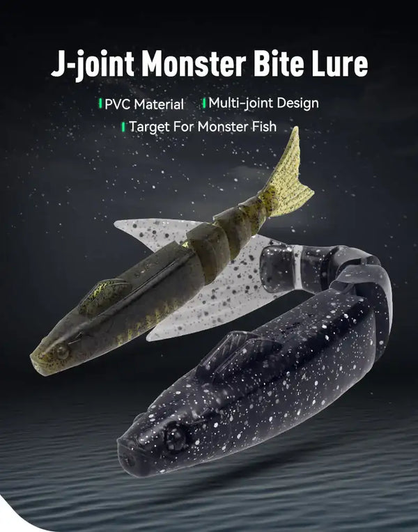 Jointed monster bite soft swimbait lures, dark and green colors with segmented tail