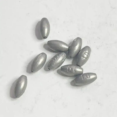 Olive-shaped hollow lead sinkers, dark gray, stamped markings (20-pack)