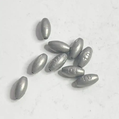 Olive-shaped hollow lead sinkers, dark gray, stamped markings (20-pack)