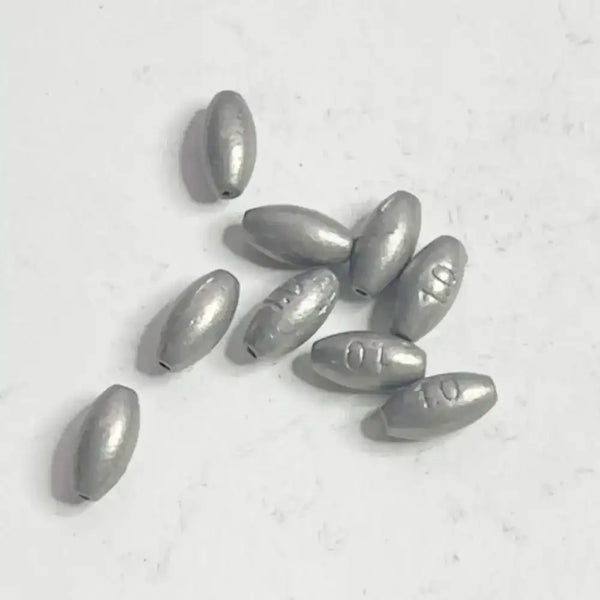Olive-shaped hollow lead sinkers, dark gray, stamped markings (20-pack)