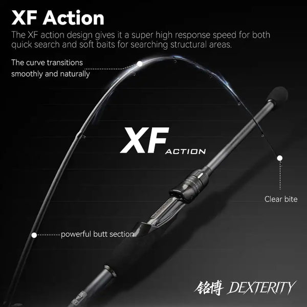 Spinning rod with line guides, black grip, and silver graphite blank