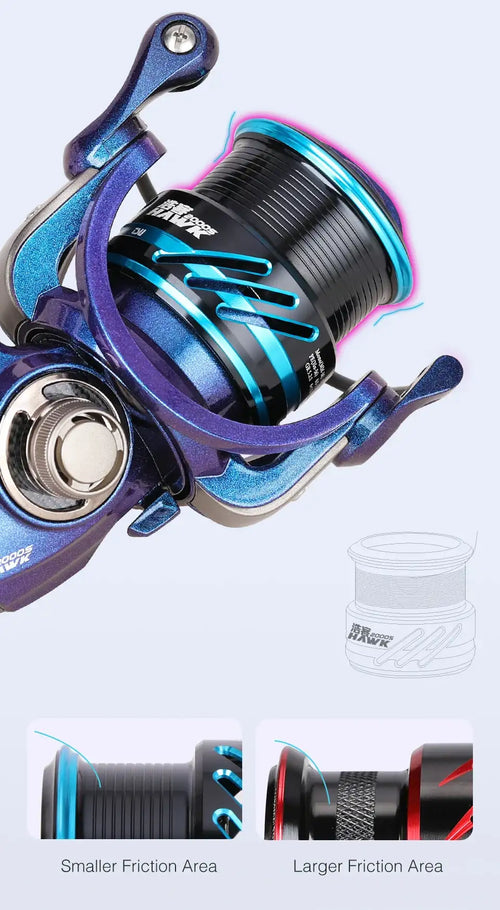 Close-up blue spinning reel with black spool and purple accent frame details