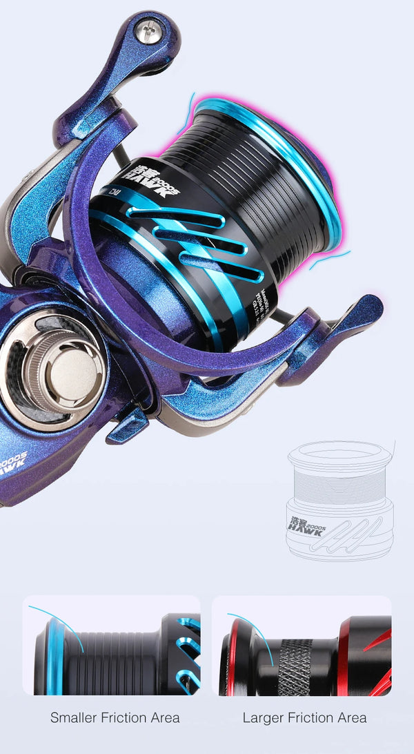 Close-up blue spinning reel with black spool and purple accent frame details