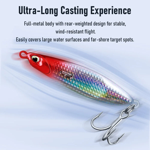 Red and iridescent long casting jigging lure with treble hook and metal ring