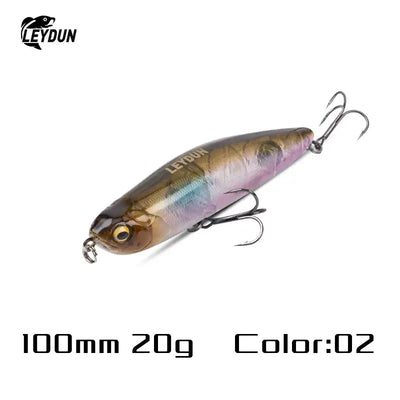 Leydun 100mm artificial minnow fishing lure with iridescent brown purple color and realistic eye detail for topwater use