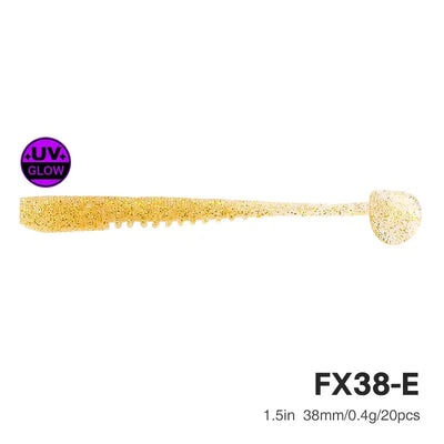 Soft plastic fishing lure, golden glitter body with round grub tail