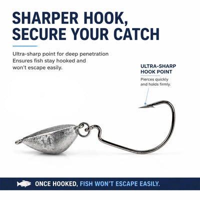 Weedless jig hook with silver lead head and sharp curved hook