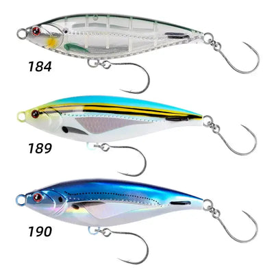 Three stickbait lures: clear shad, gold-blue, and blue with treble hooks