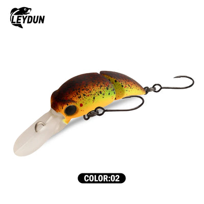 Floating minnow crankbait lure, orange-brown top with chartreuse dots, two treble hooks
