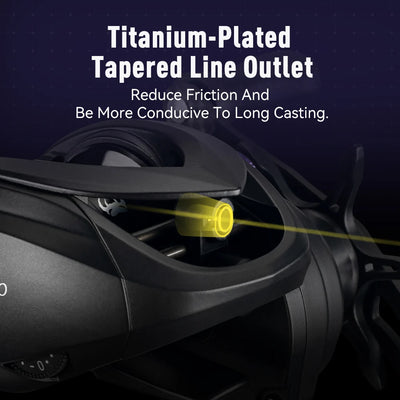 Black baitcasting reel with titanium-plated tapered line outlet near spool