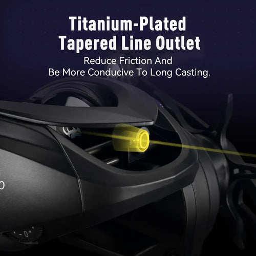 Black baitcasting reel with titanium-plated tapered line outlet near spool