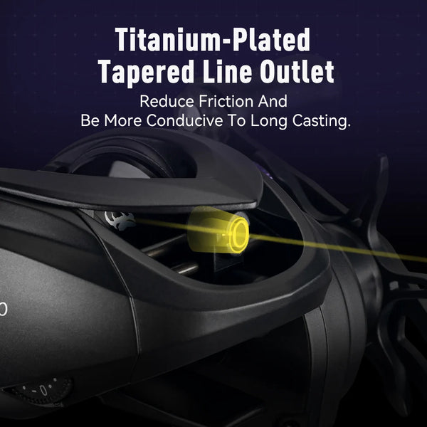 Black baitcasting reel with titanium-plated tapered line outlet near spool