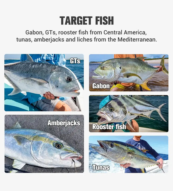 Fishing lure target species guide with tuna and amberjack photo panels