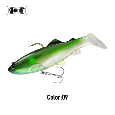Paddle tail swimbait color 09, glossy green body with white underside and treble hooks