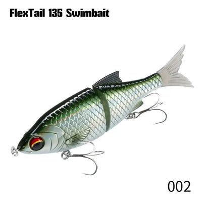 Hunthouse Flextail 135 jointed swimbait, silver-green scales, white feather tail, treble hooks, 002