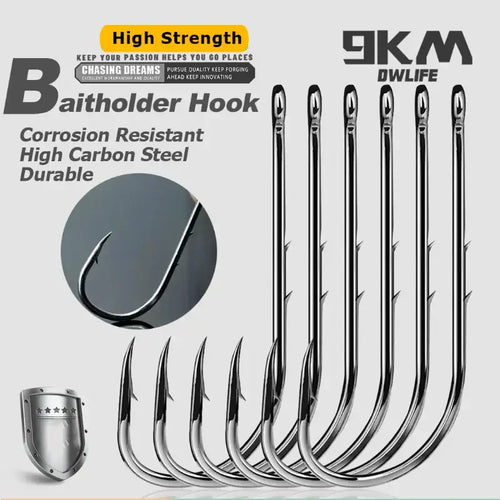 Long shank baitholder fishing hooks, double barbed, dark steel finish set