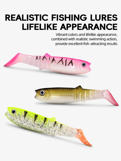 Three paddle tail swimbaits: pink, gold, and chartreuse-green with speckle details.