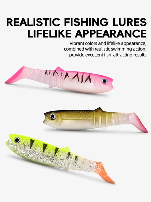 Three paddle tail swimbaits: pink, gold, and chartreuse-green with speckle details.