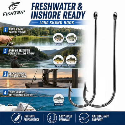 FishTrip long shank barbed hooks, multiple black hooks arranged in a set