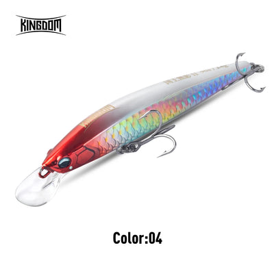 Sinking minnow diving lure with red head and iridescent blue-green scales, treble hooks