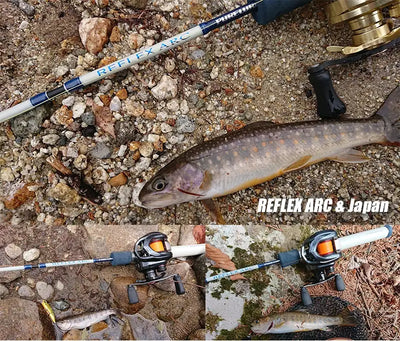 Fishing setup with baitcasting rod and reel plus a catch on rocky ground