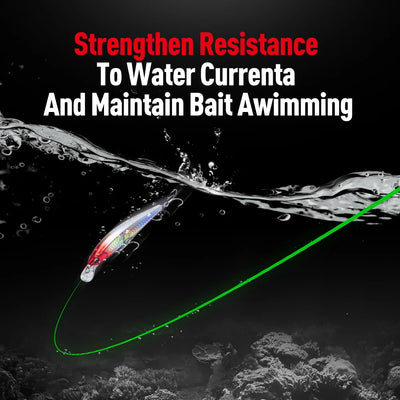 Green braided fishing line extending toward lure in water with wave action