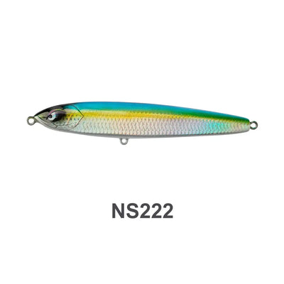 Blue-green hard stickbait with yellow belly and 3D eye, metal rings, NS222.