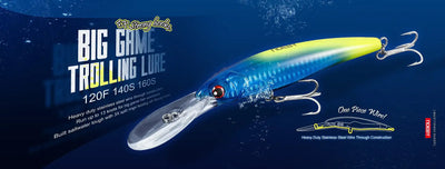 Big game trolling lure with blue back, yellow side, and clear lip with treble hooks