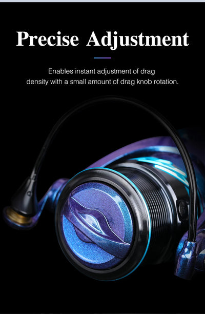Spinning reel spool with precise drag adjustment knob and blue metallic finish