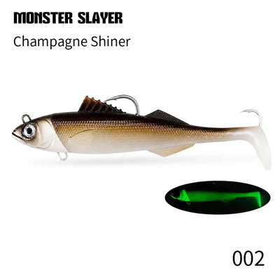 Champagne Shiner soft swimbait lure with jig head and hook; green color swatch