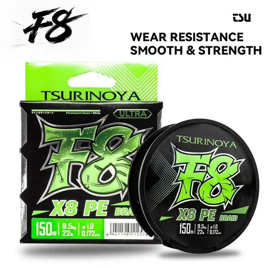Green PE braided fishing line spool and box, F8 X8 PE, 150m