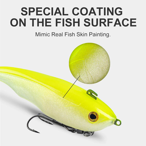 Soft T-tail fishing lure, yellow-green glitter speckle coat, clear tail fin