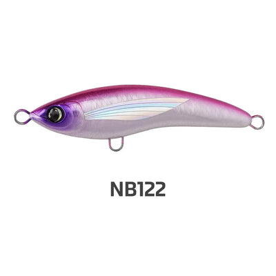 Floating stickbait fishing lure in silvery white with purple top and pink tail