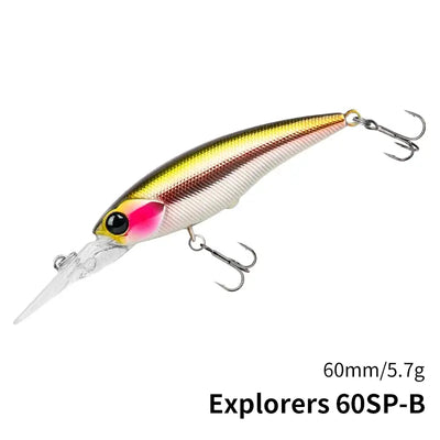 Tsurinoya EXPLORERS 60SP suspending minnow lure with treble hooks, white belly with pink stripe.