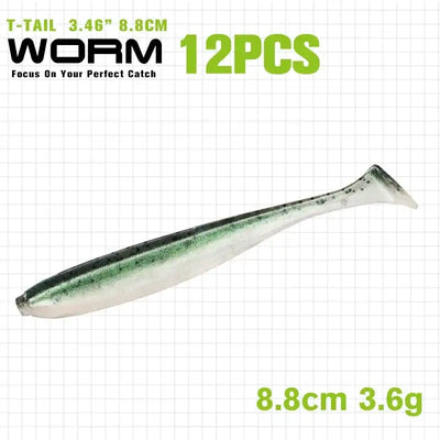 Green-silver glitter T-tail soft plastic shad lure, 8.8 cm