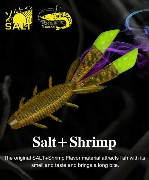 Green and purple shrimp soft lure with ribbed body and translucent legs