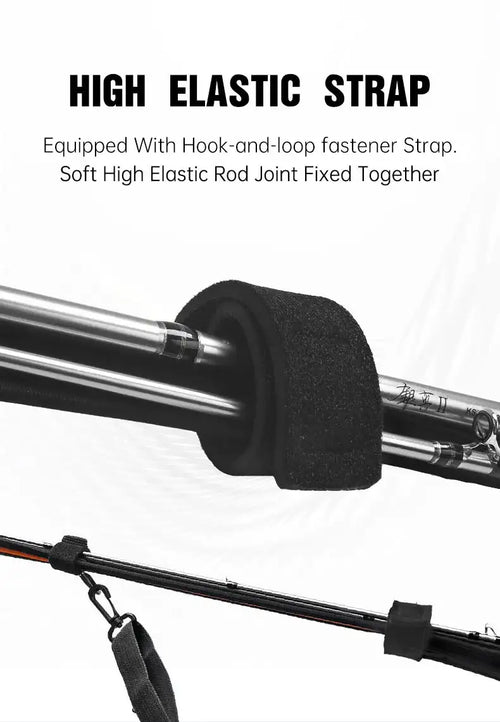 Adjustable black fishing rod protection strap with soft fabric sleeve and hook-and-loop ends