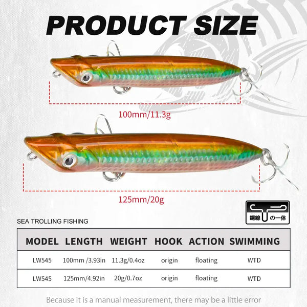 Orange-green pencil floating fishing lure with treble hook, two sizes shown