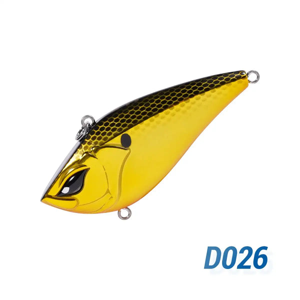NOEBY lipless crankbait lure, yellow with dark scale texture and treble hooks (D026)