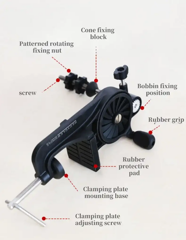 Fishing line winder parts diagram showing rubber grip and clamping base
