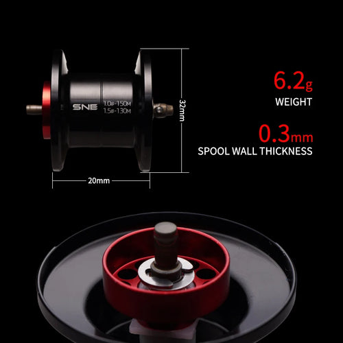 Baitcasting reel spool cross-section with red brake ring and metallic spool
