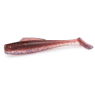 Brown and pink speckled soft plastic paddle tail minnow lure, side profile
