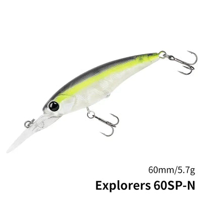 Tsurinoya EXPLORERS 60SP suspending minnow lure with treble hooks, white body with chartreuse stripe.