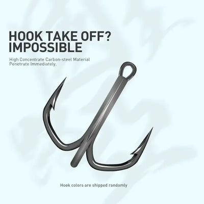 Black carbon-steel treble hooks with split rings on a floating pencil lure