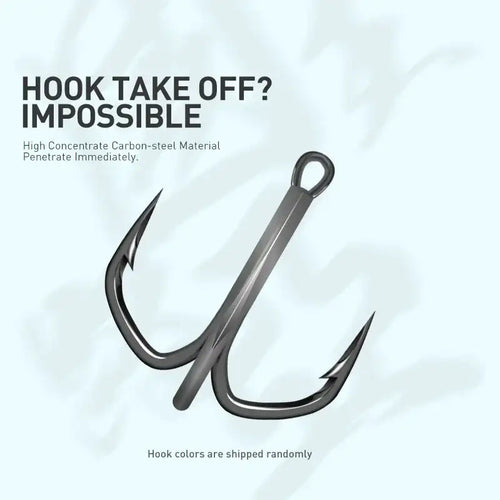 Black carbon-steel treble hooks with split rings on a floating pencil lure
