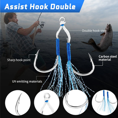 Double assist fishing hooks with blue strands and two curved metal hooks