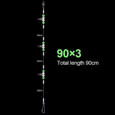 Fishing leader rig with glowing beads, 90cm total length, 3 clips