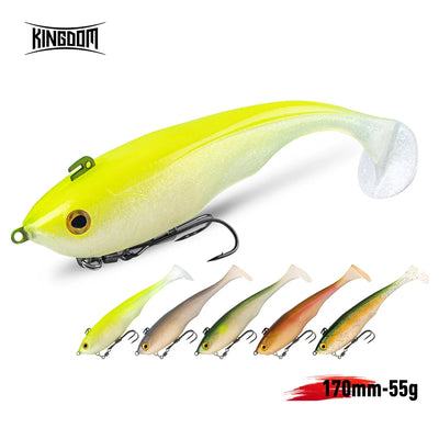 Soft T-tail fishing lure, pale yellow-green body, clear white tail fin, with treble hooks