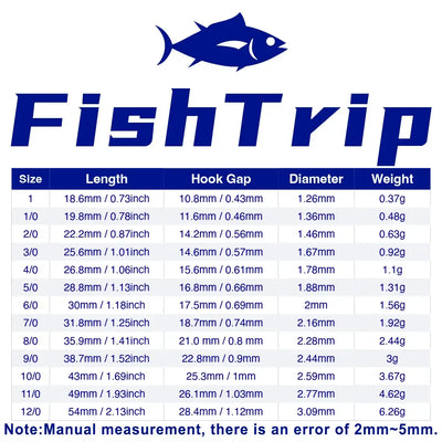 Fishing live bait hook size chart with curved black hook silhouette