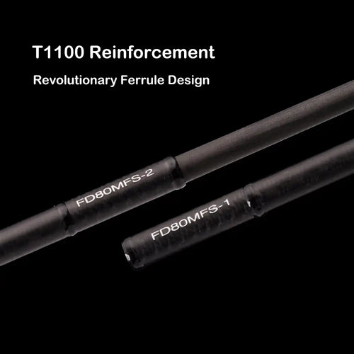 Spinning fishing rod ferrule area with reinforced joint marking on dark blank.
